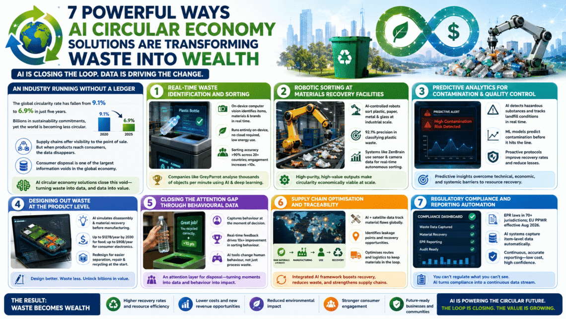 AI circular economy is being enabled by improving waste identification, robotic sorting, predictive recycling, product design, supply chain traceability, and automated sustainability reporting.