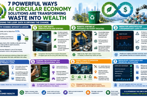 7 Powerful Ways AI Circular Economy Solutions Are Transforming Waste Into Wealth 2 AI circular economy is being enabled by improving waste identification, robotic sorting, predictive recycling, product design, supply chain traceability, and automated sustainability reporting.