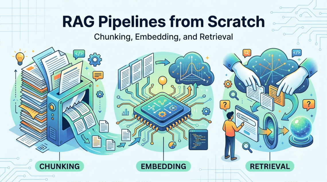 A RAG pipeline from scratch, showing the three main stages: chunking documents, embedding chunks into vector space, and data retrieval for a frontier large language model.