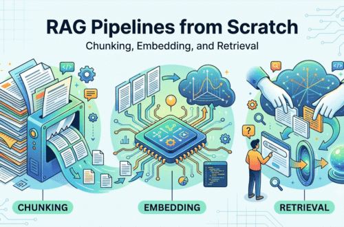 A RAG pipeline from scratch, showing the three main stages: chunking documents, embedding chunks into vector space, and data retrieval for a frontier large language model.