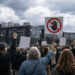 AI data center protests outside a large data center complex