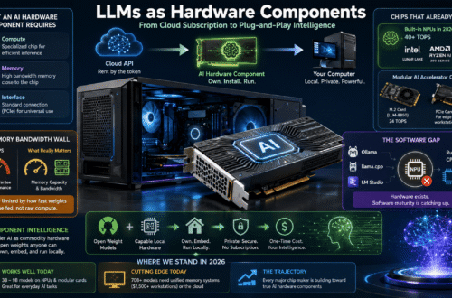 AI hardware component connected through local language models, high-bandwidth memory, and AI processors
