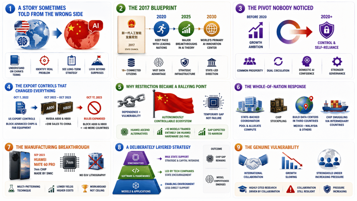 The Chinese AI strategy evolves from the 2017 national blueprint through semiconductor export controls, technological self-reliance, domestic chip manufacturing.