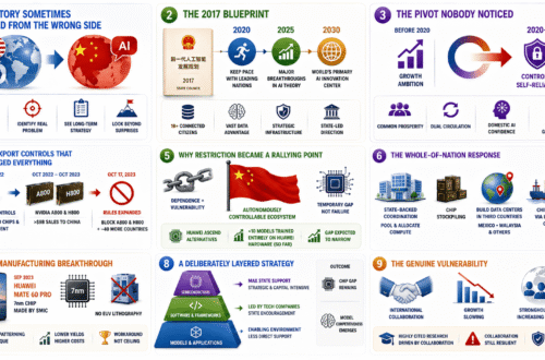 The Chinese AI strategy evolves from the 2017 national blueprint through semiconductor export controls, technological self-reliance, domestic chip manufacturing.