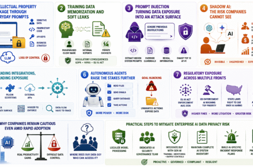 Enterprise AI data privacy risks span intellectual property leakage, model memorization, prompt injection, shadow AI, expanding integrations, autonomous agents, and growing regulatory exposure.