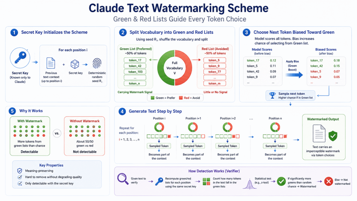 LLM Watermarking uses context-derived green and red token lists to subtly favor selected tokens during generation